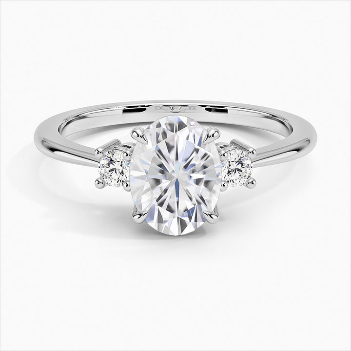 Solace Four-Prong Oval Three Stone Moissanite Engagement Ring White Gold