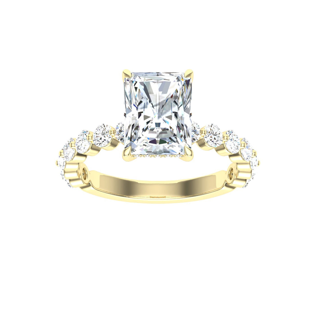 Soliloquy Radiant Cut Hidden Halo Moissanite Engagement Ring Yellow Gold