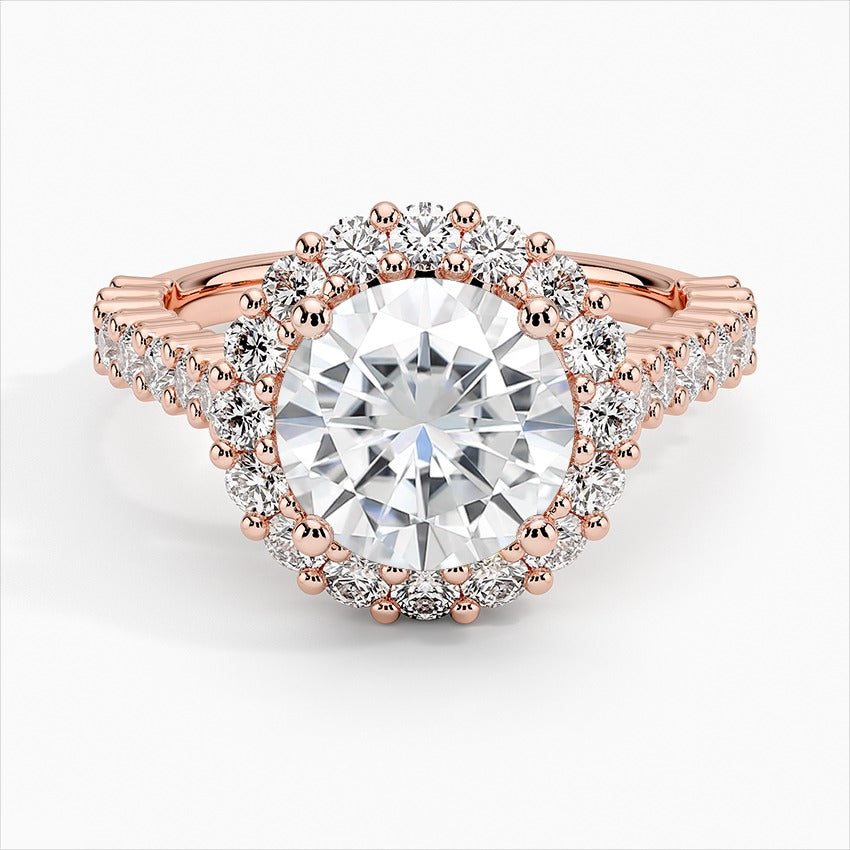 Solitude Round Cut Halo Moissanite Engagement Ring Rose Gold