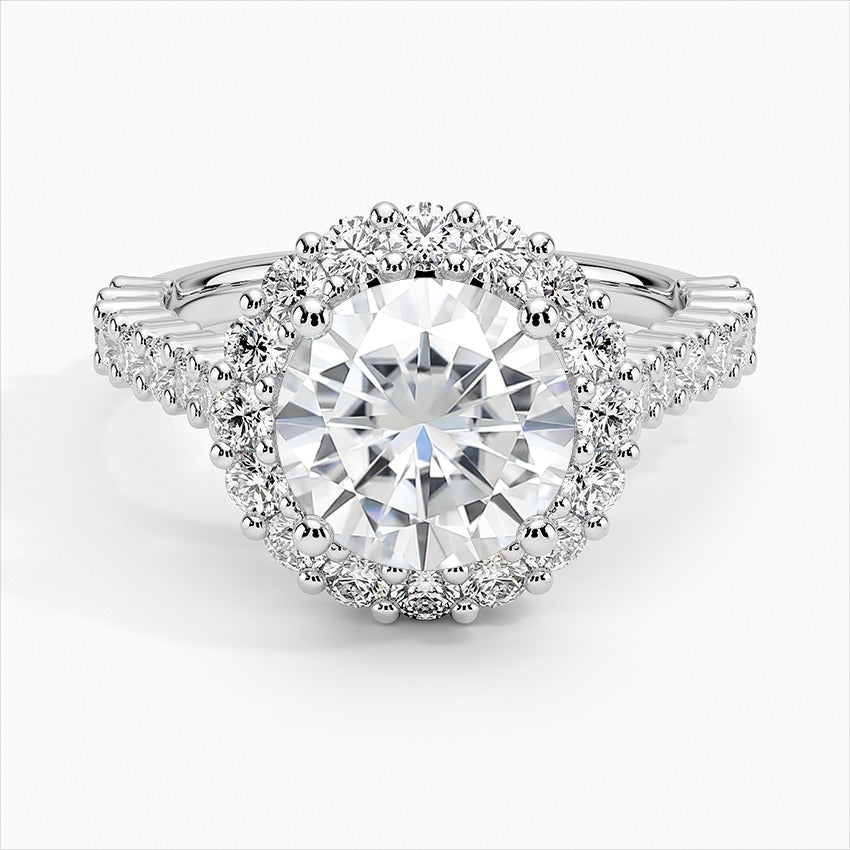 Solitude Round Cut Halo Moissanite Engagement Ring White Gold