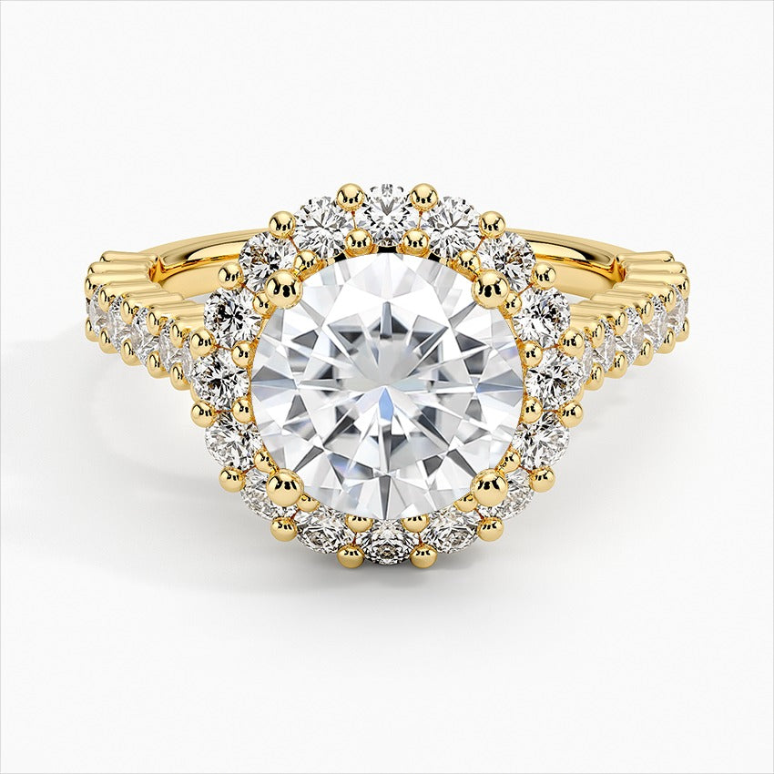 Solitude Round Cut Halo Moissanite Engagement Ring Yellow Gold