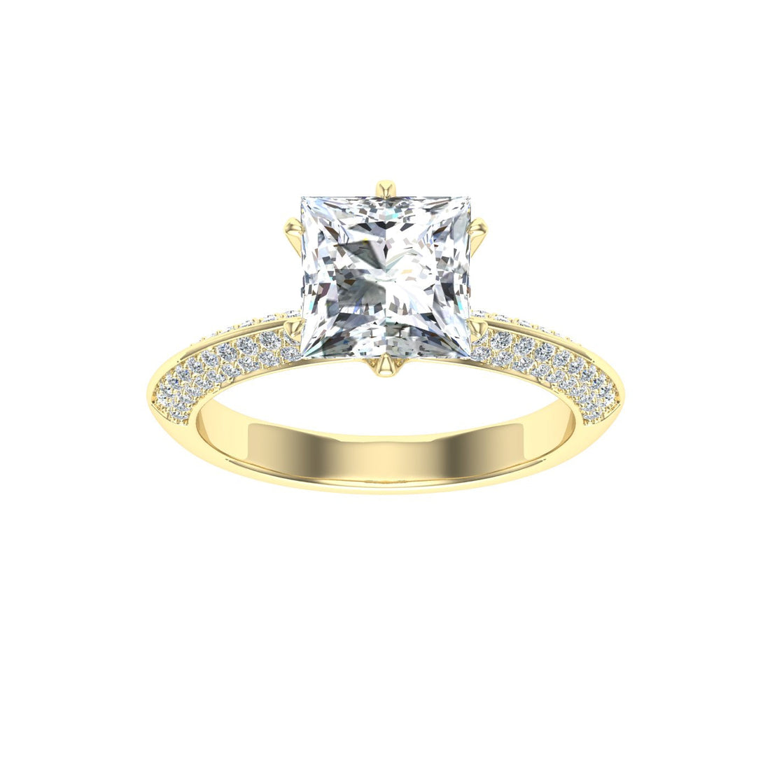 Soulmate's Princess Cut Knife Edge Band Moissanite Engagement Ring Yellow Gold