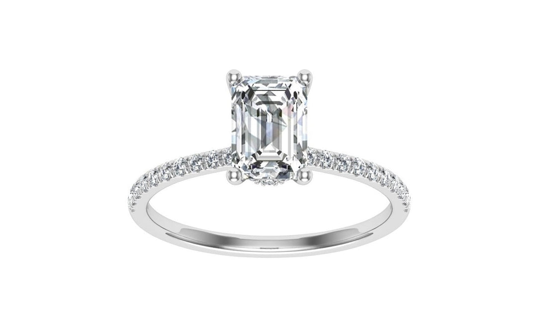 Sparkle Emerald Cut Hidden Halo Moissanite Engagement Ring White Gold