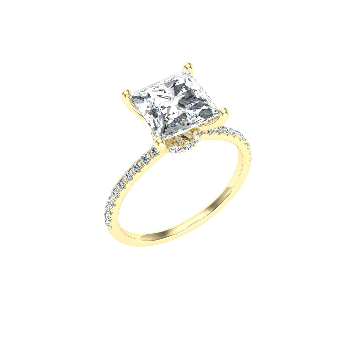 Sparkle Princess Cut Hidden Halo Moissanite Engagement Ring Yellow Gold