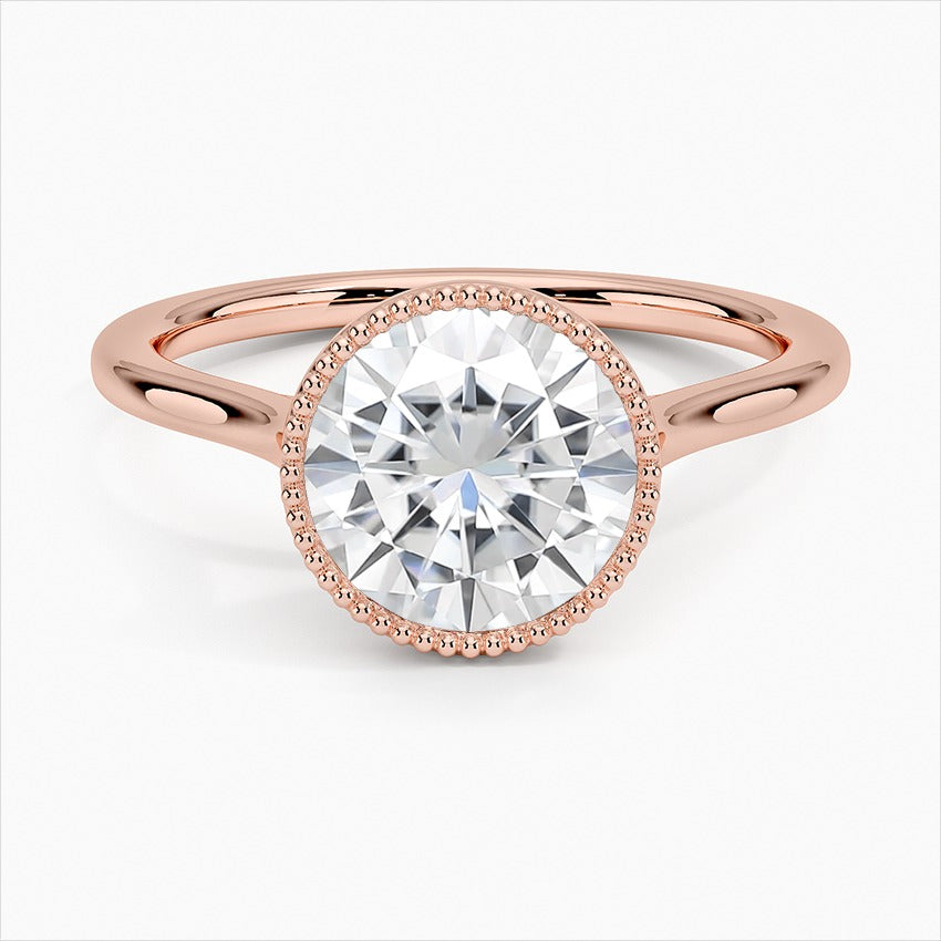 Spellbound Round Cut Bezel Statement Moissanite Engagement Ring Rose Gold