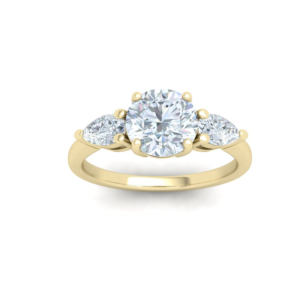 Splendor Round 3 Stone Pear Moissanite Engagement Ring Yellow Gold