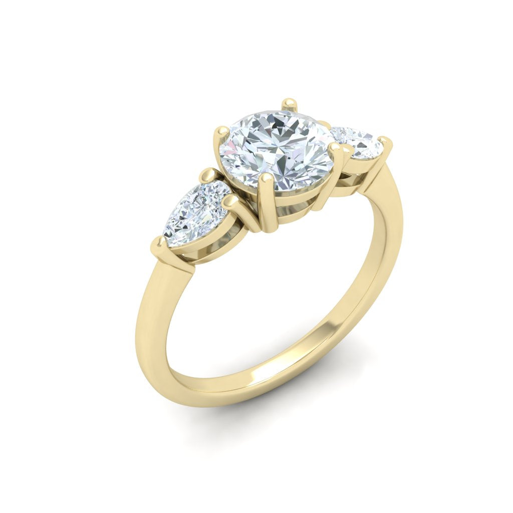 Splendor Round 3 Stone Pear Moissanite Engagement Ring Yellow Gold