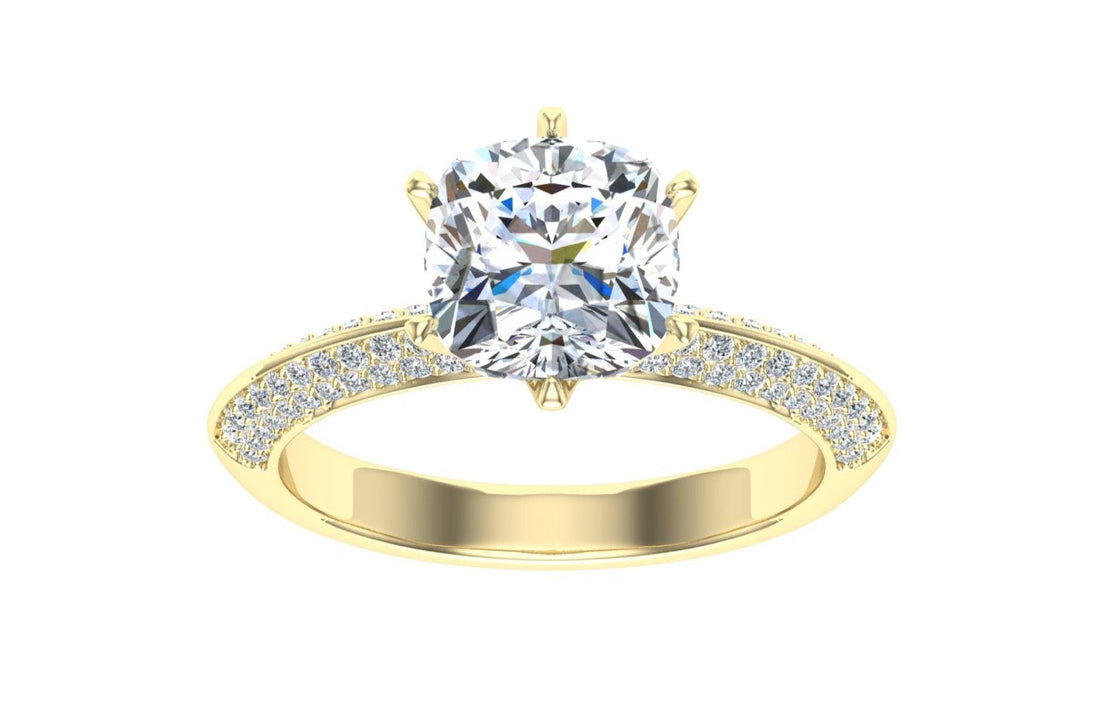 Starry Cushion Cut Knife Edge Band Moissanite Engagement Ring Yellow Gold