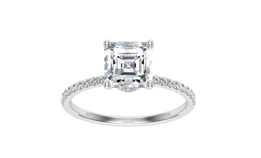 Stellar Asscher Cut Hidden Halo Moissanite Engagement Ring White Gold