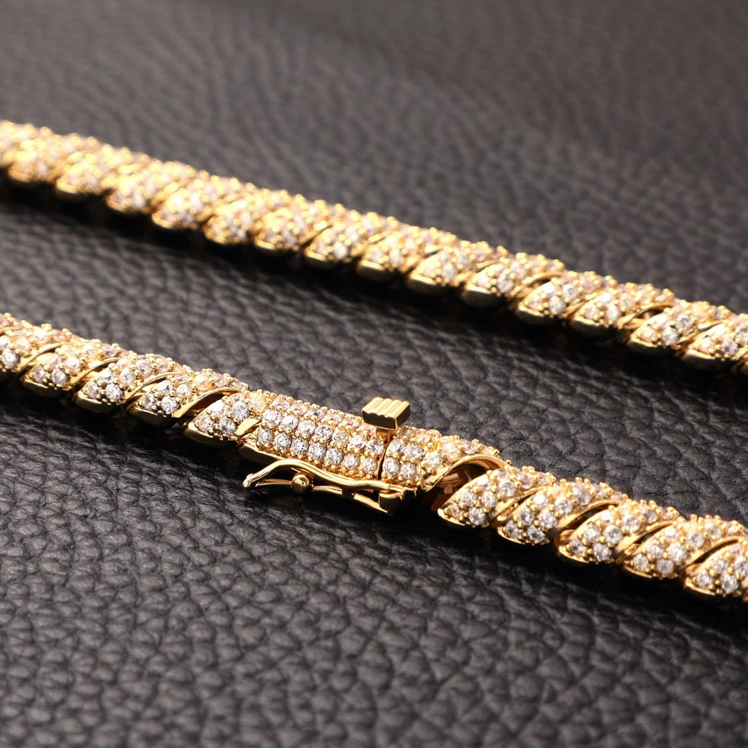 Stitches 10mm Moissanite Iced Paved Spiral Chain Yellow Gold