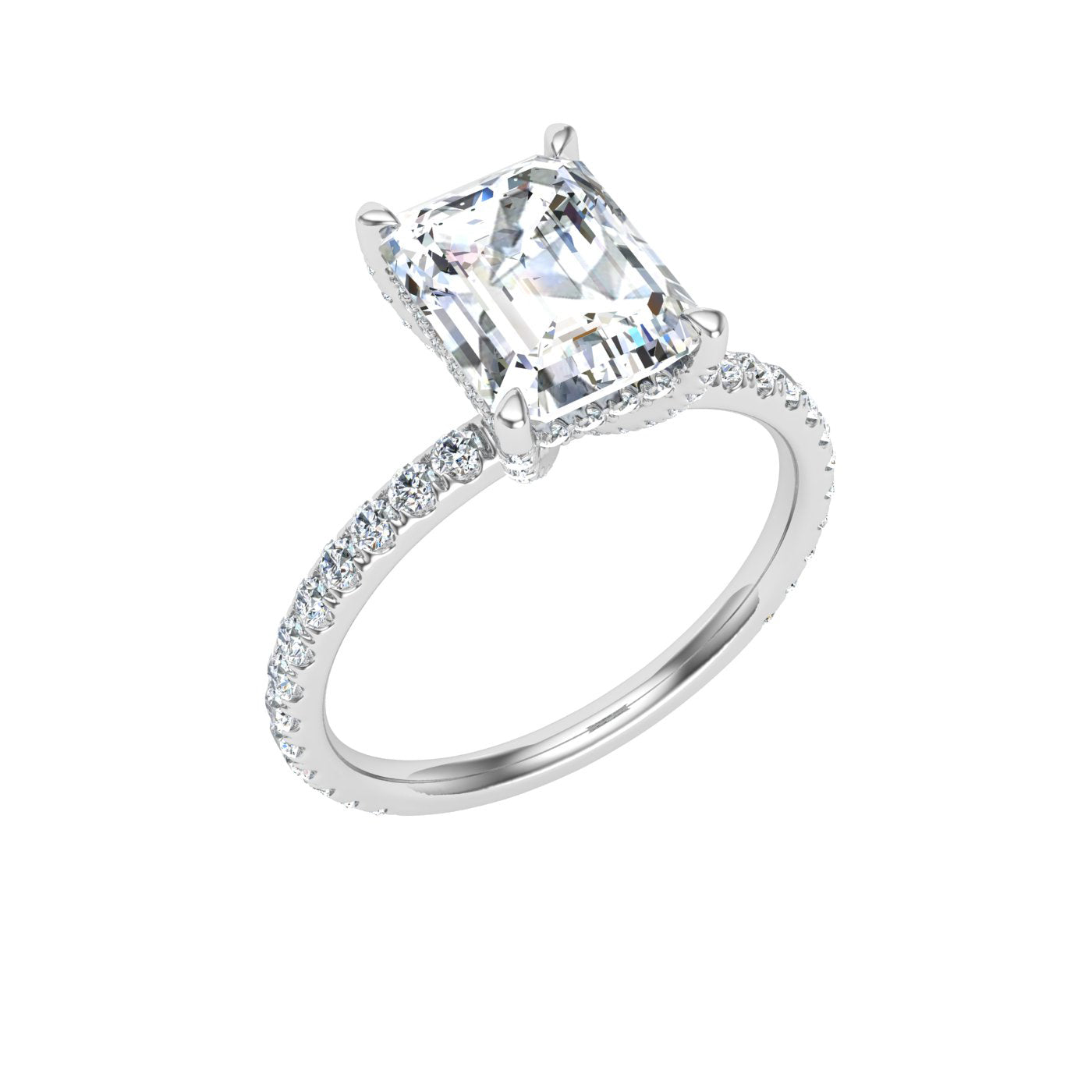 Stream Emerald Cut Hidden Halo Moissanite Engagement Ring White Gold