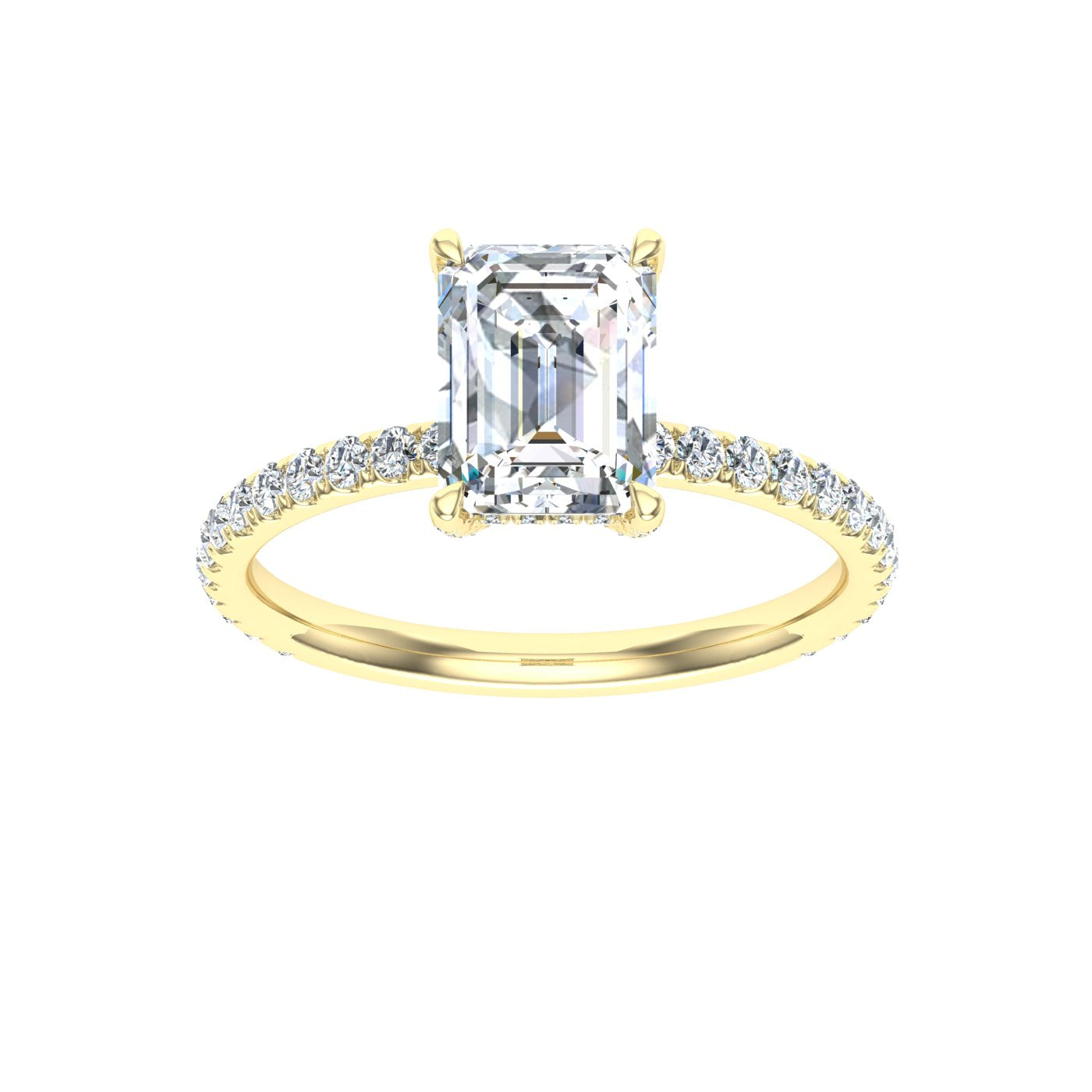 Stream  Emerald Cut Hidden Halo Moissanite Engagement Ring Yellow Gold