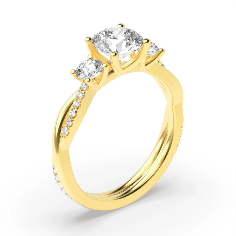 Sunburst 4 Prong Round 0.50ct Lab Grown Diamond Twisting Shoulder Three Stone Engagement Rings