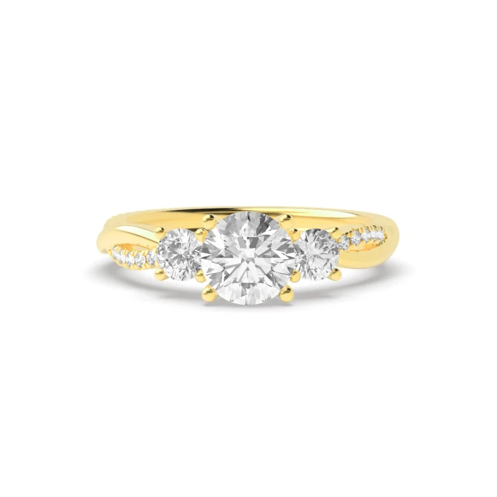 Sunburst 4 Prong Round 0.50ct Lab Grown Diamond Twisting Shoulder Three Stone Engagement Rings