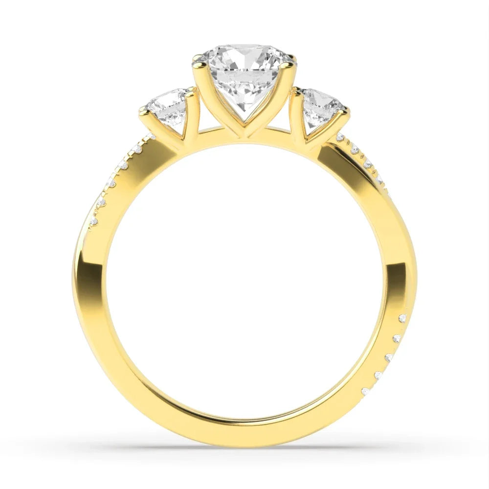 Sunburst 4 Prong Round 0.50ct Lab Grown Diamond Twisting Shoulder Three Stone Engagement Rings