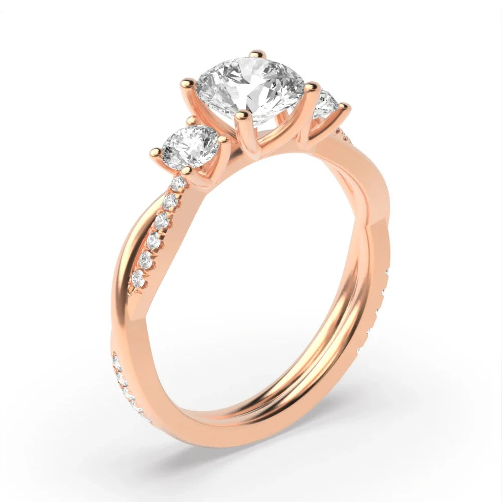 Sunburst 4 Prong Round 0.50ct Lab Grown Diamond Twisting Shoulder Three Stone Engagement Rings