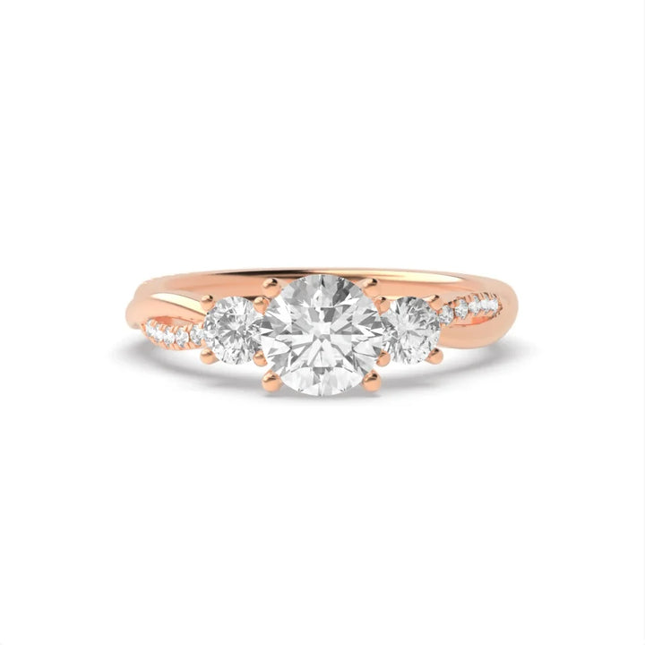Sunburst 4 Prong Round 0.50ct Lab Grown Diamond Twisting Shoulder Three Stone Engagement Rings