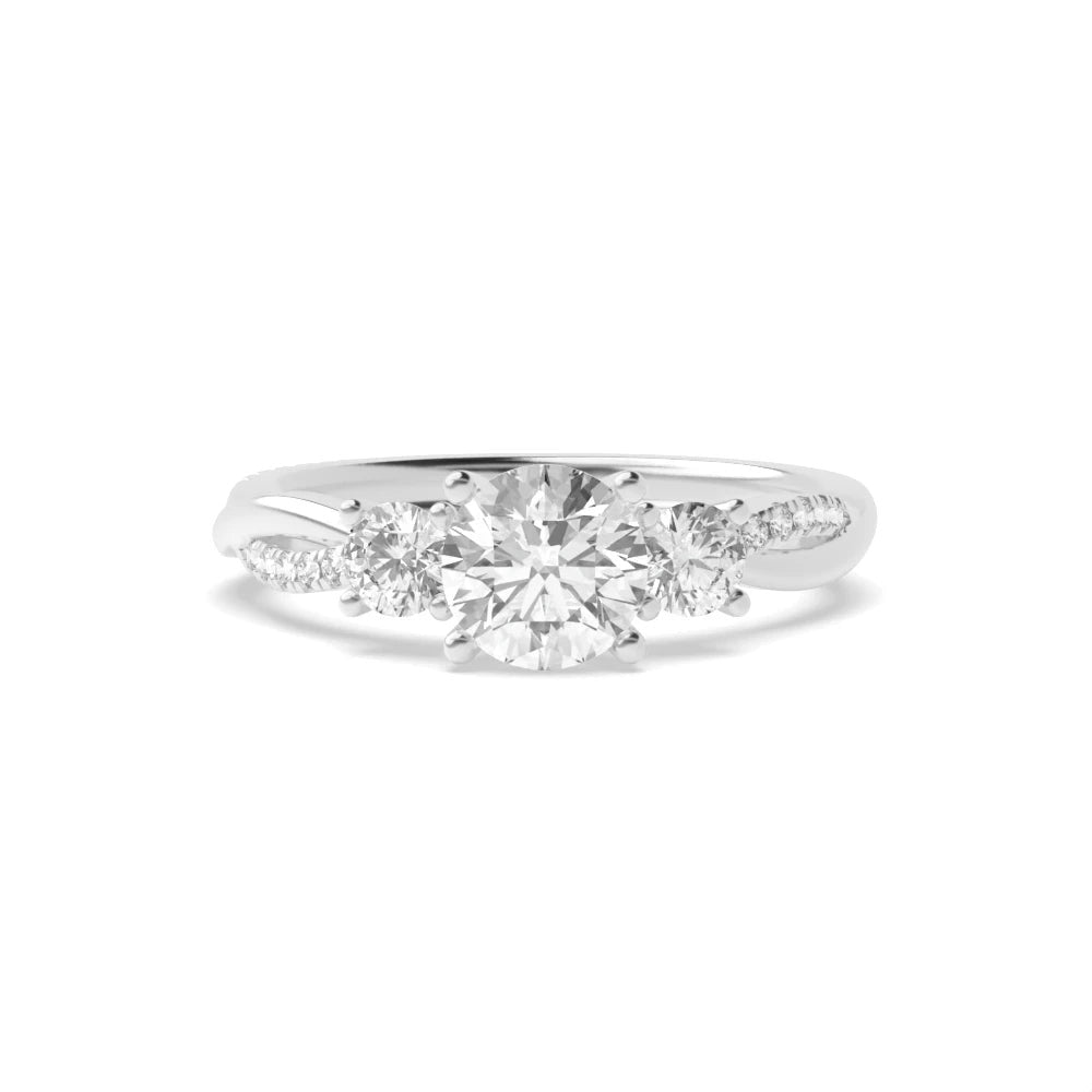 Sunburst 4 Prong Round 0.50ct Lab Grown Diamond Twisting Shoulder Three Stone Engagement Rings