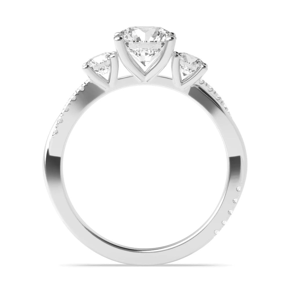 Sunburst 4 Prong Round 0.50ct Lab Grown Diamond Twisting Shoulder Three Stone Engagement Rings