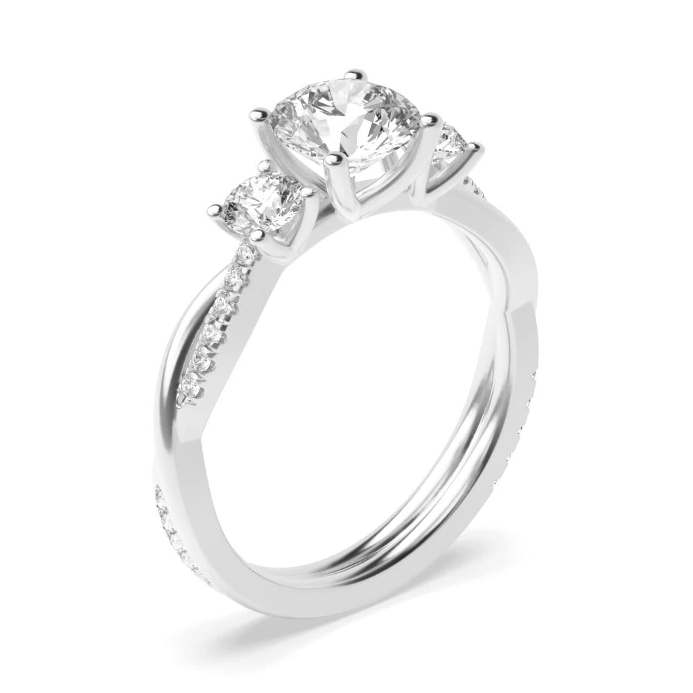 Sunburst 4 Prong Round 0.50ct Lab Grown Diamond Twisting Shoulder Three Stone Engagement Rings
