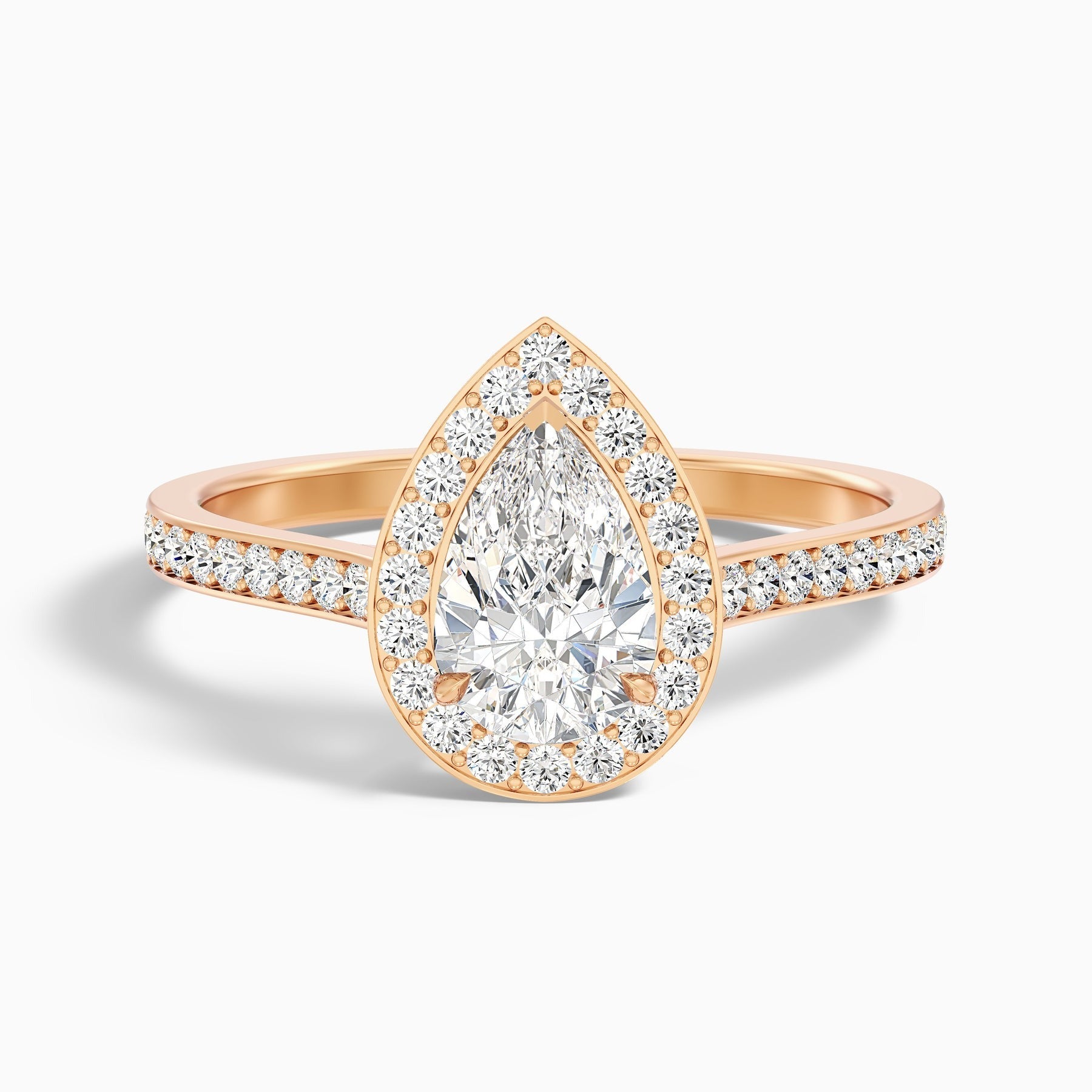 Sunlit 1 Carat Pear Halo Pave Lab Grown Engagement Ring in 10k Rose Gold