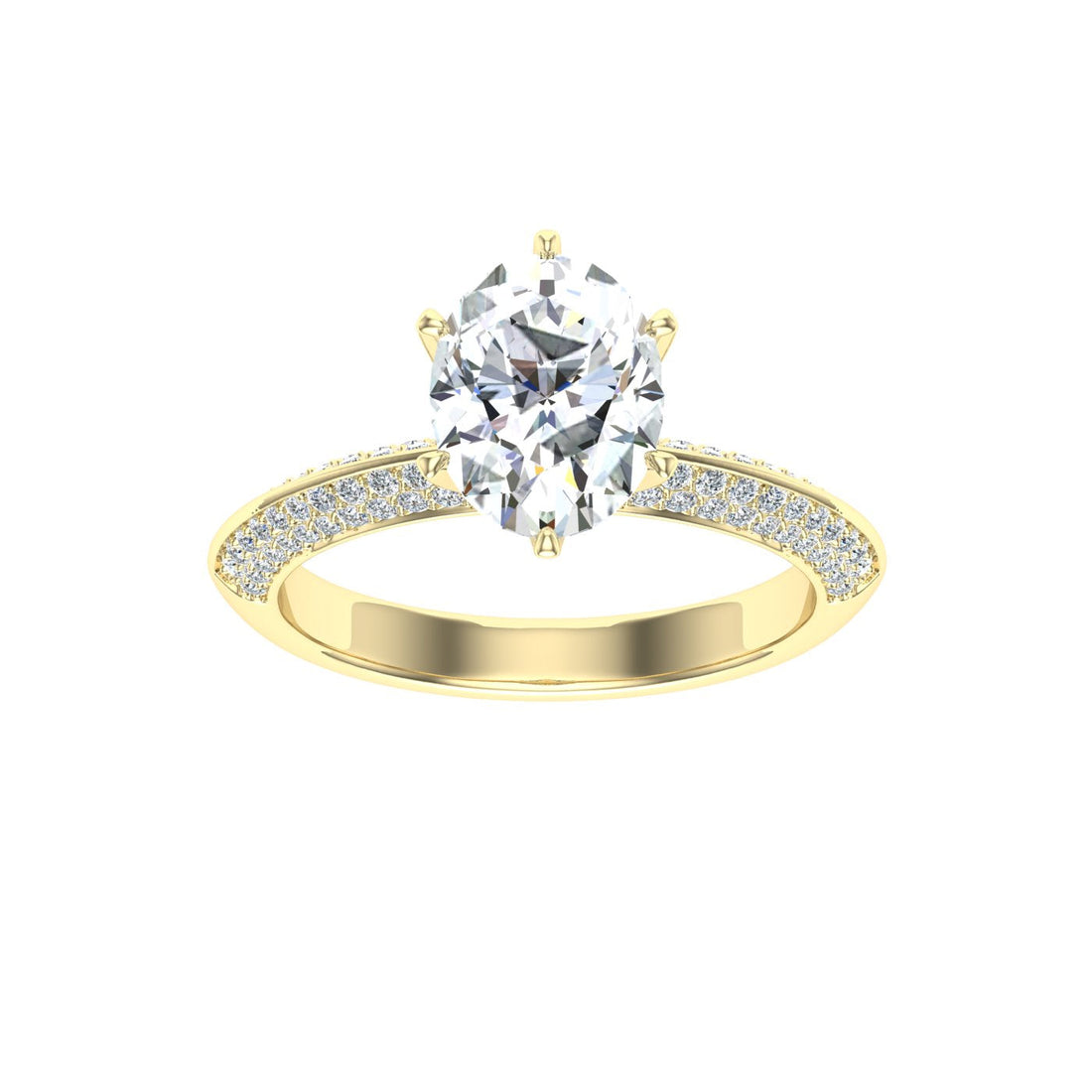 Symphony Oval Cut Knife Edge Band Moissanite Engagement Ring Yellow Gold