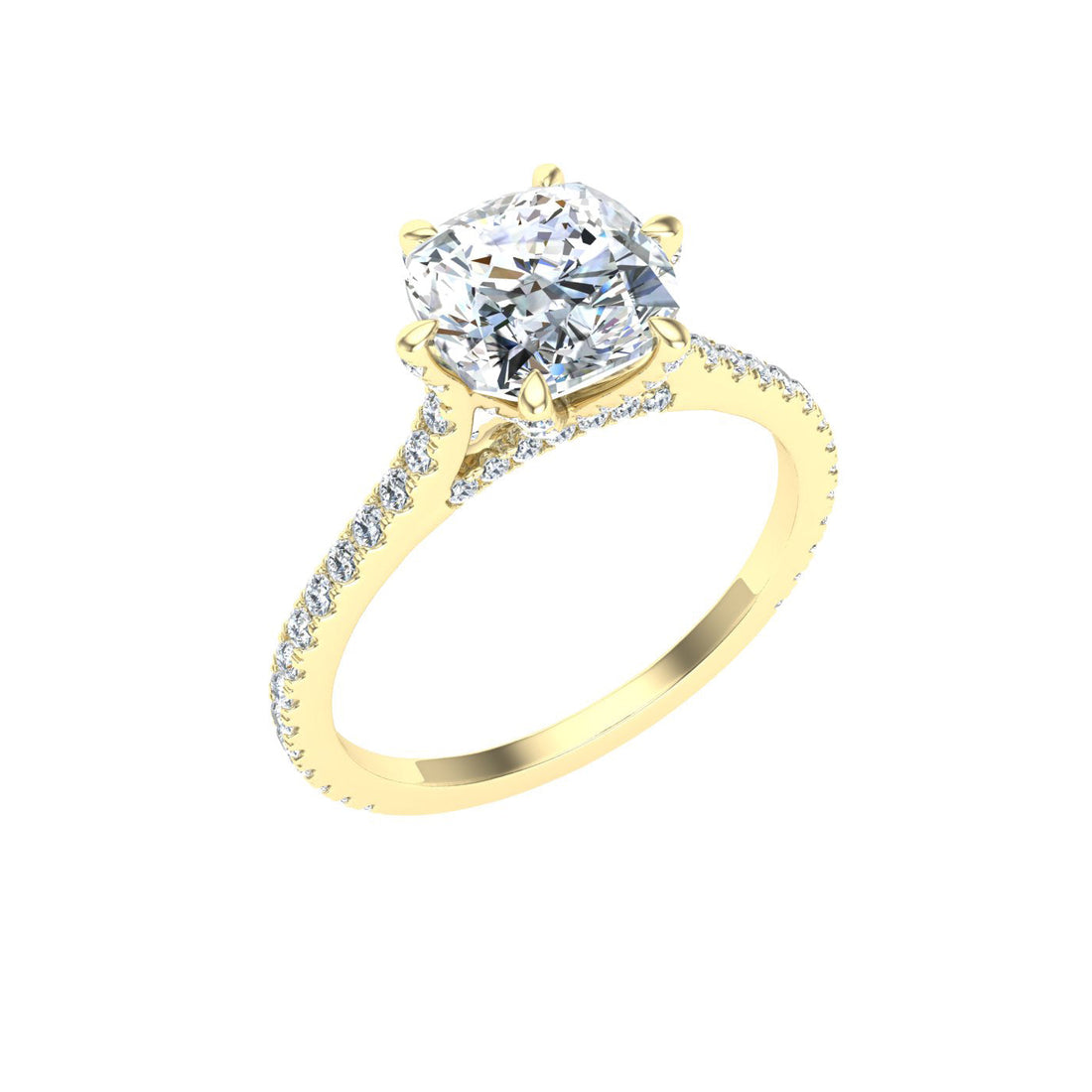 Temptation Cushion Cut Solitaire Moissanite Engagement Ring Yellow Gold