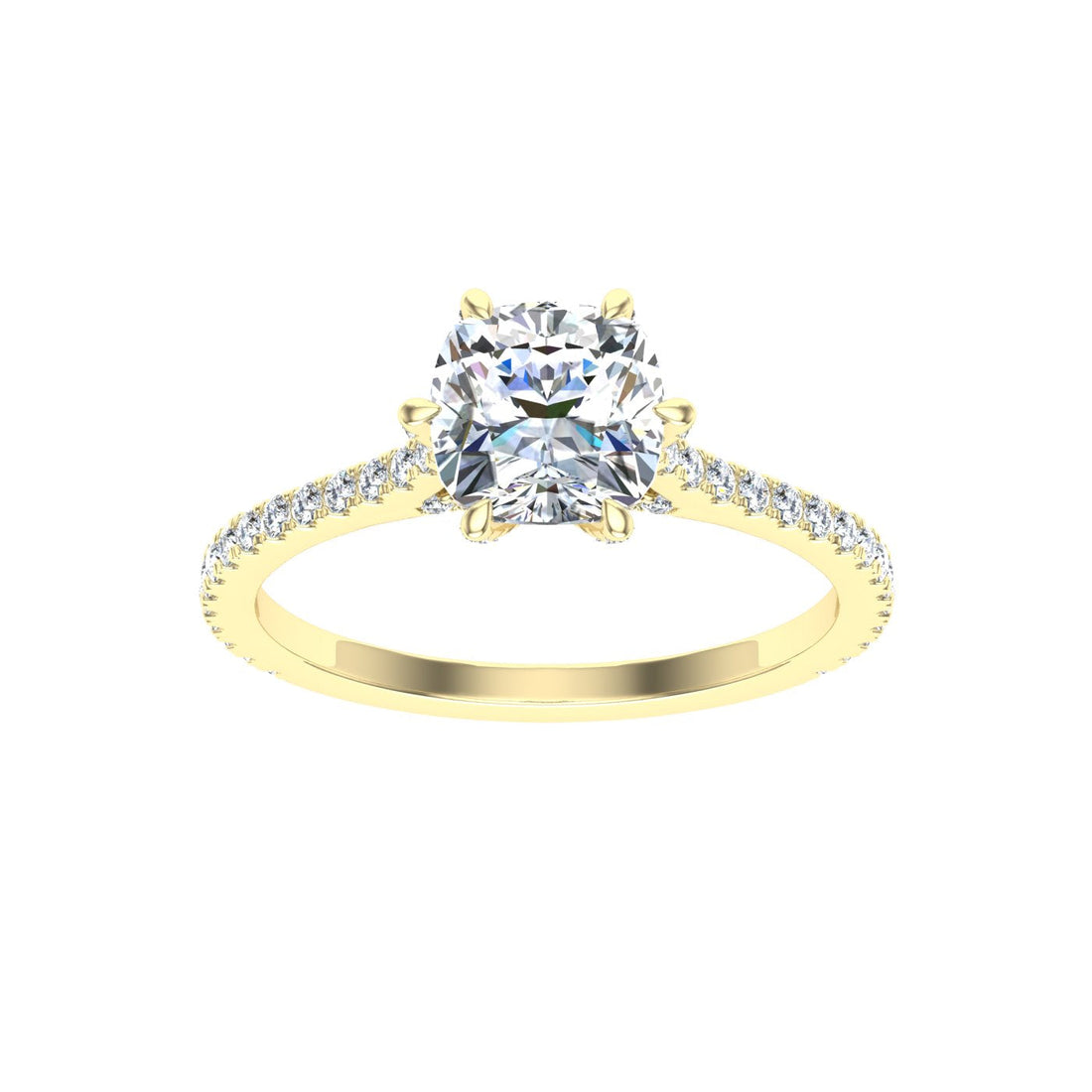 Temptation Cushion Cut Solitaire Moissanite Engagement Ring Yellow Gold