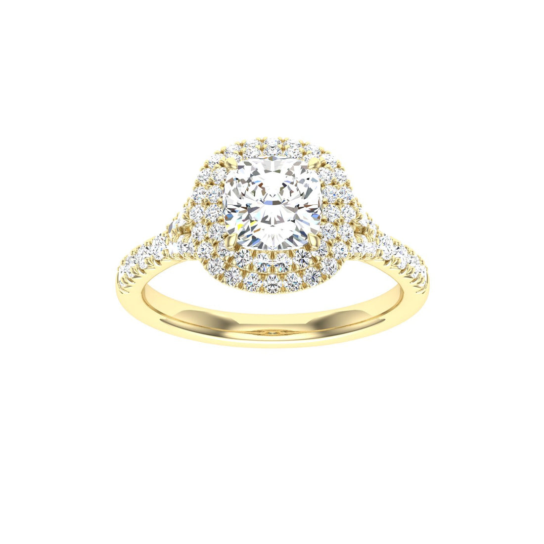 Tender Cushion Cut Double Halo Moissanite Engagement Ring Yellow Gold