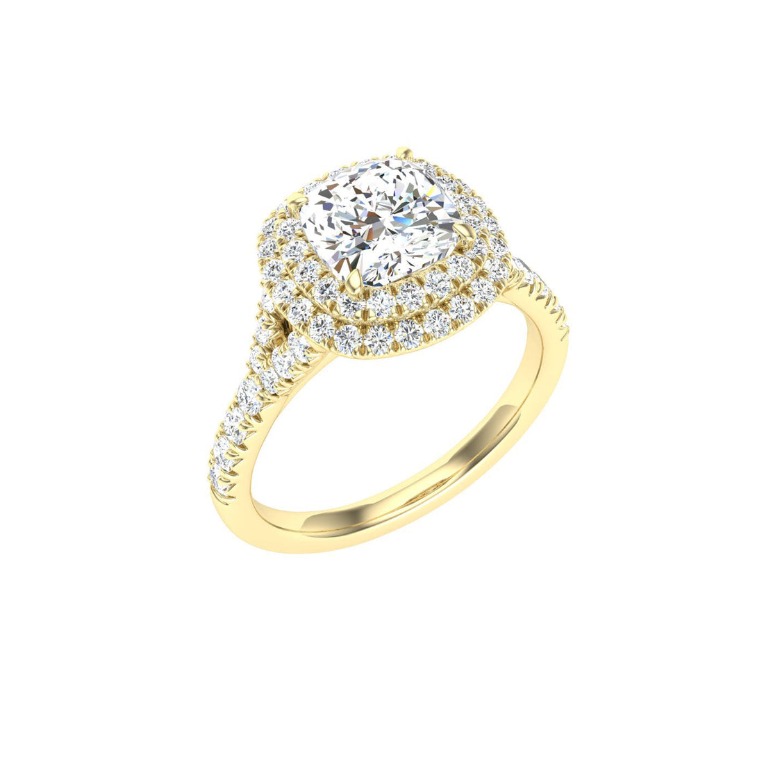 Tender Cushion Cut Double Halo Moissanite Engagement Ring Yellow Gold