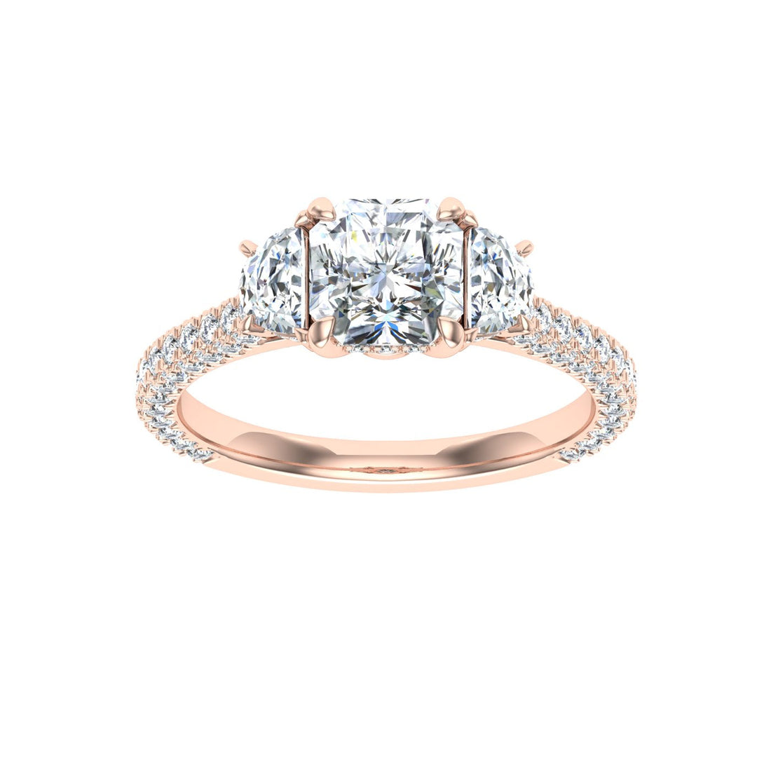 Tiffany Asscher 3 Stone Moissanite Engagement Ring Rose Gold