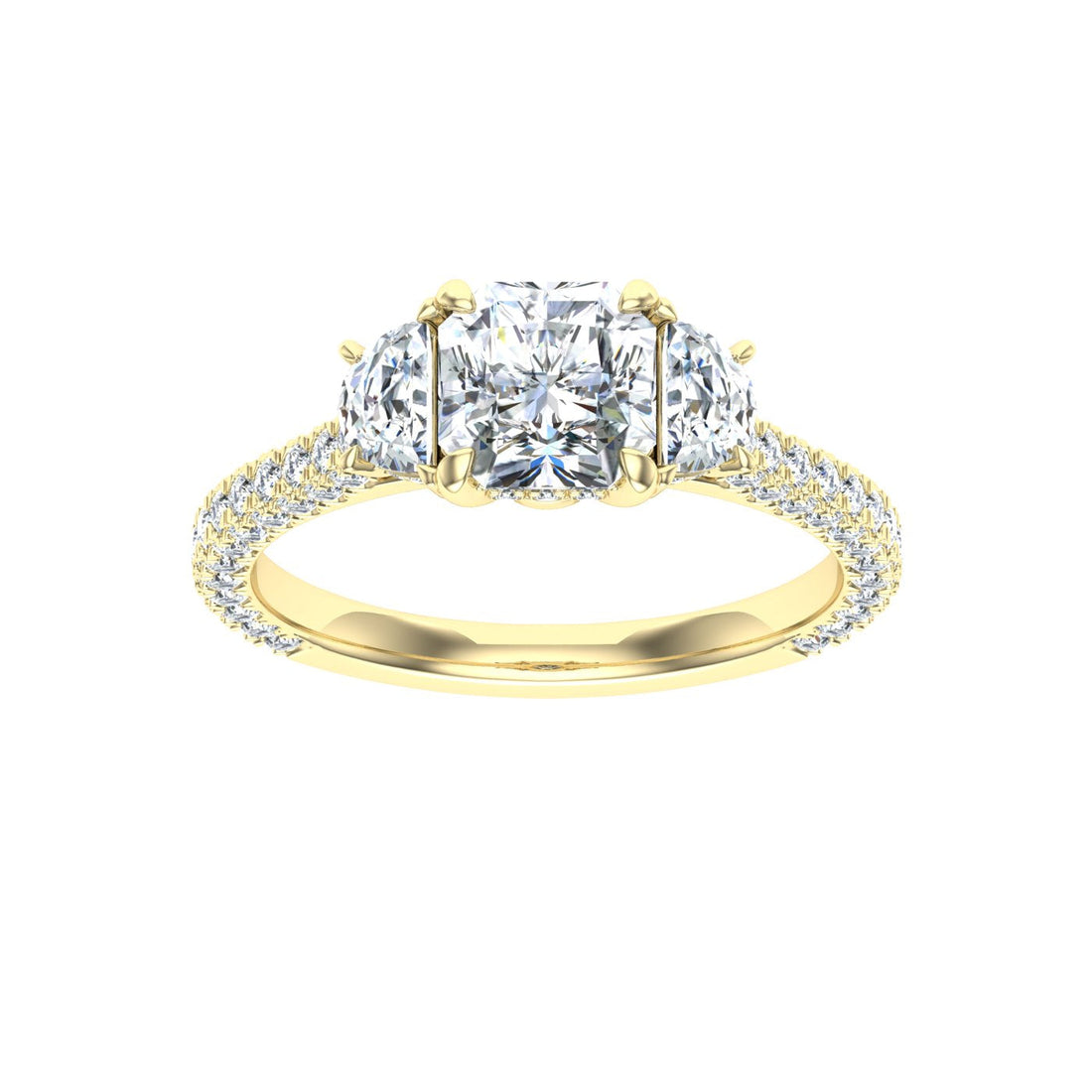 Tiffany Asscher 3 Stone Moissanite Engagement Ring Yellow Gold