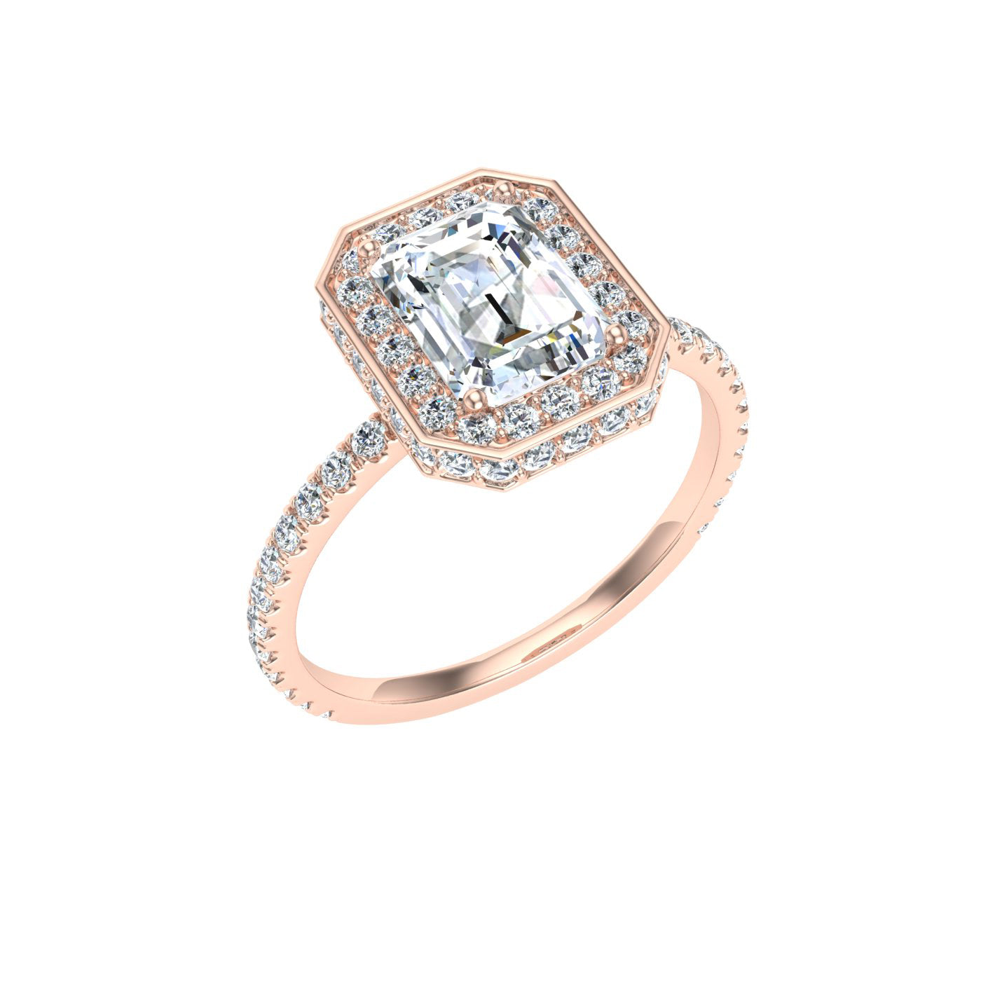 Treasure Emerald Cut Double Edge Halo Moissanite Engagement Ring Rose Gold