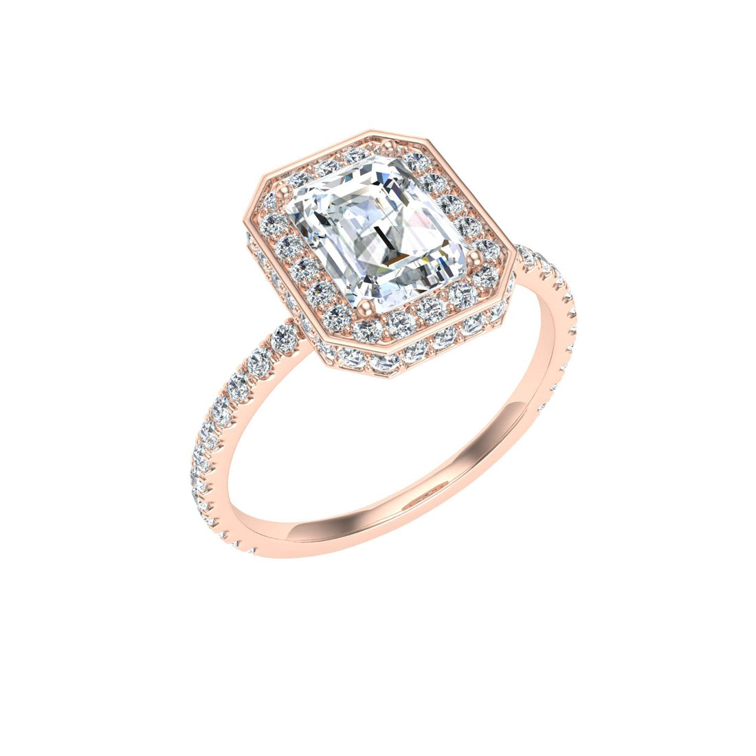 Treasure Emerald Cut Double Edge Halo Moissanite Engagement Ring Rose Gold