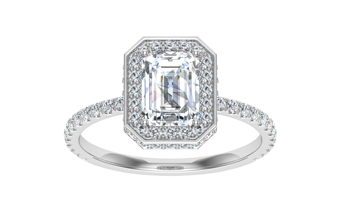 Treasure Emerald Cut Double Edge Halo Moissanite Engagement Ring White Gold