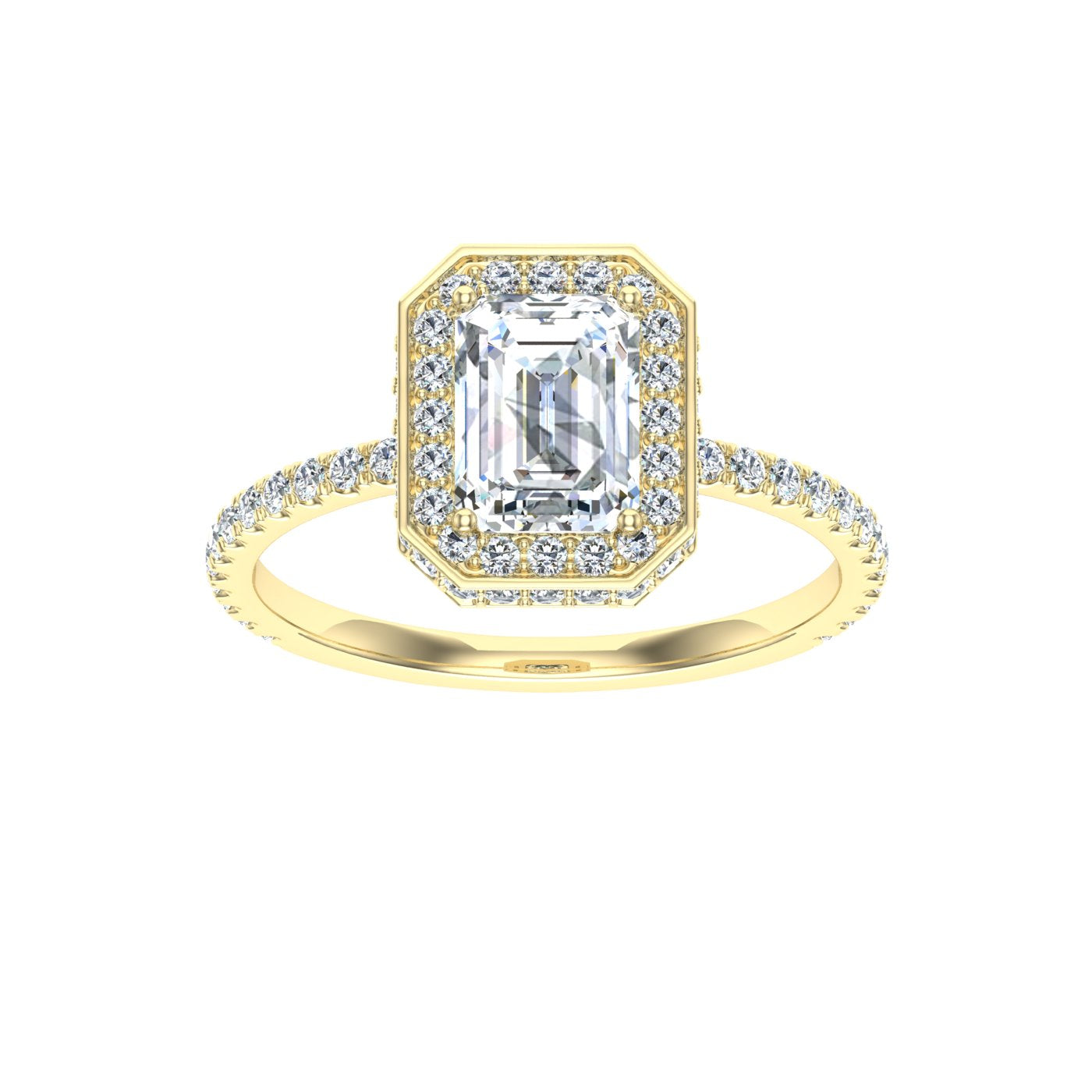 Treasure Emerald Cut Double Edge Halo Moissanite Engagement Ring Yellow Gold
