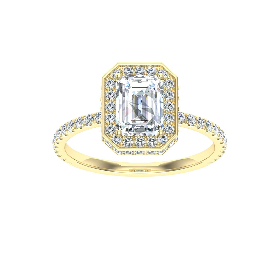 Treasure Emerald Cut Double Edge Halo Moissanite Engagement Ring Yellow Gold