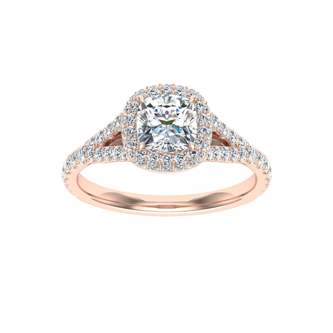 Visions Cushion Cut Side Stones Moissanite Engagement Ring Rose Gold