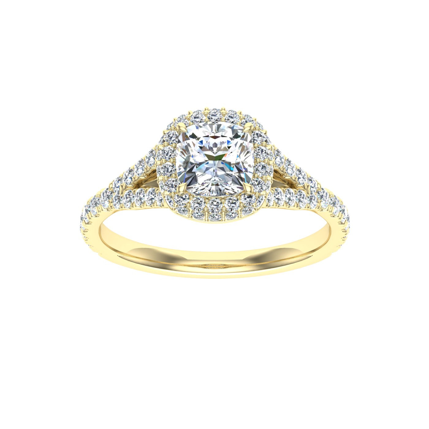 Visions Cushion Cut Side Stones Moissanite Engagement Ring Yellow Gold