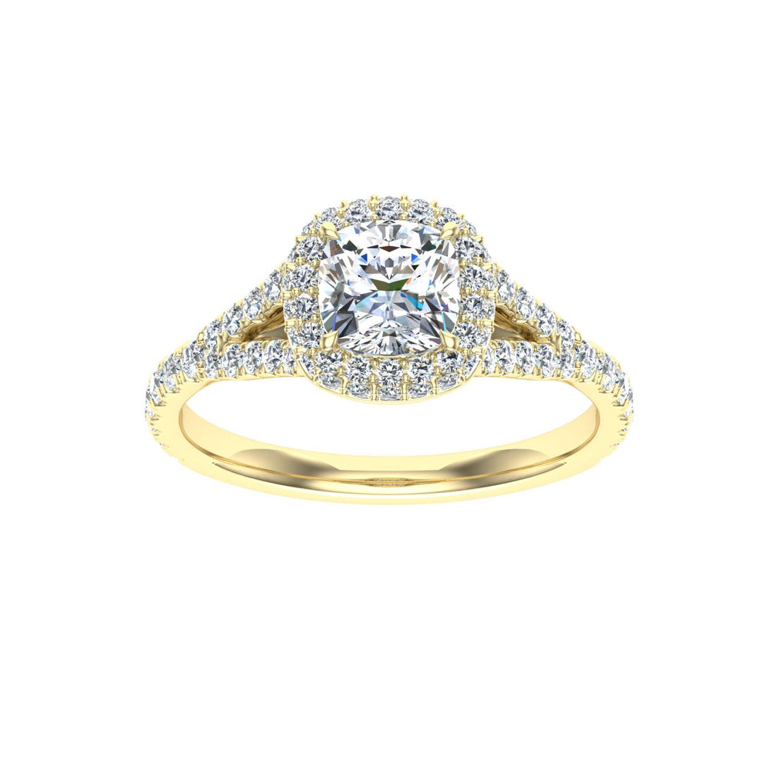 Visions Cushion Cut Side Stones Moissanite Engagement Ring Yellow Gold