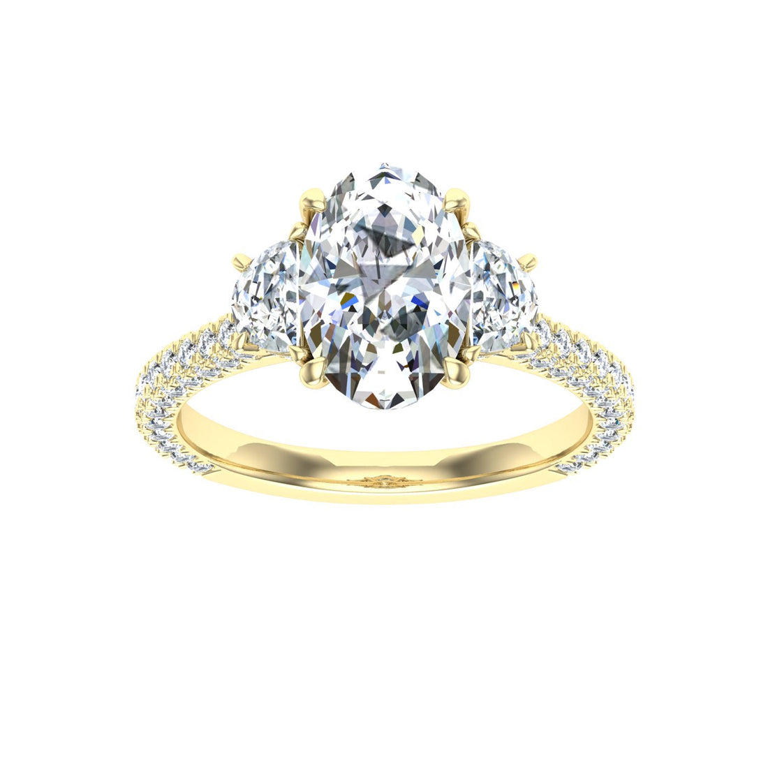 Vista Oval 3 Stone Moissanite Engagement Ring Yellow Gold