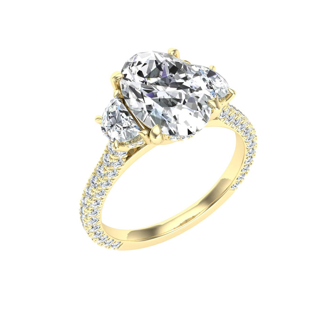 Vista Oval 3 Stone Moissanite Engagement Ring Yellow Gold