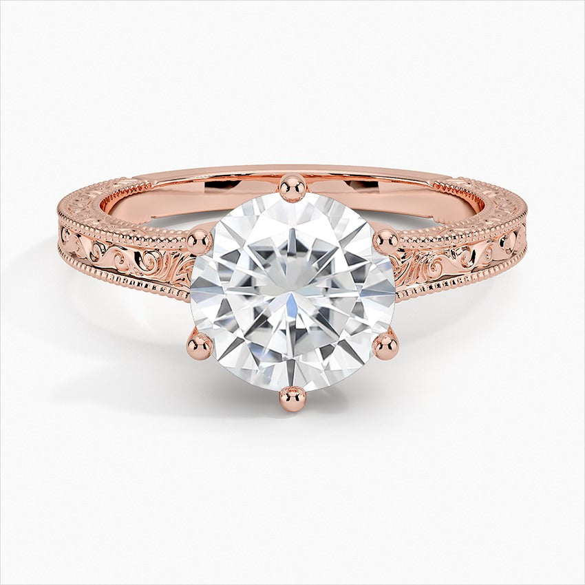 Waterfall Round Colorless Solitaire Moissanite Engagement Ring Rose Gold