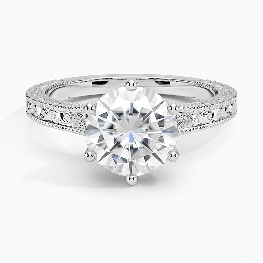 Waterfall Round Colorless Solitaire Moissanite Engagement Ring White Gold