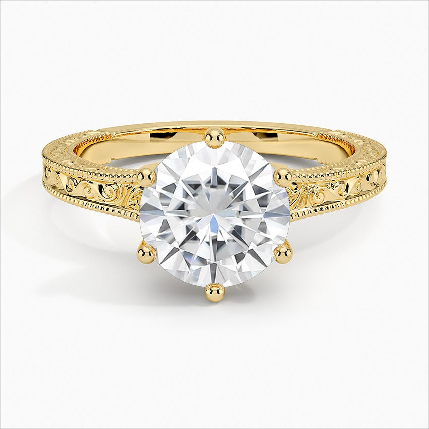 Waterfall Round Colorless Solitaire Moissanite Engagement Ring Yellow Gold