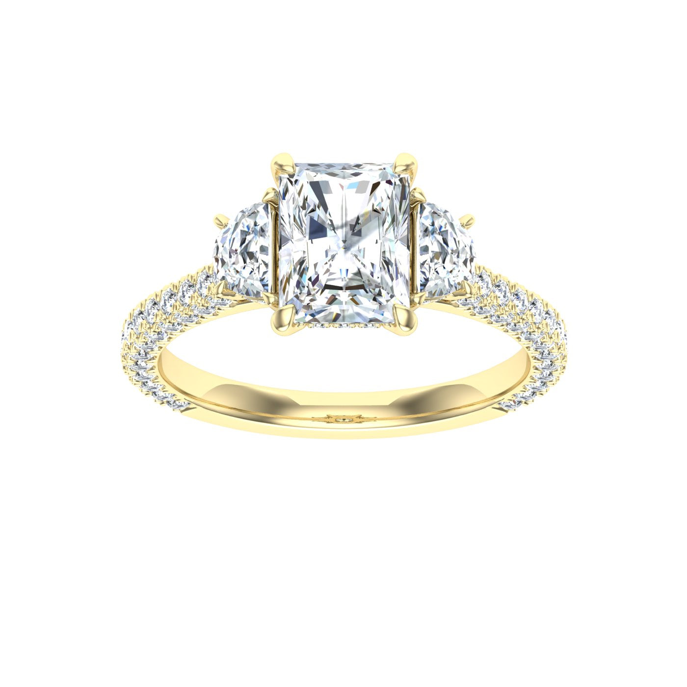 Waterlily Radiant 3 Stone Moissanite Engagement Ring Yellow Gold
