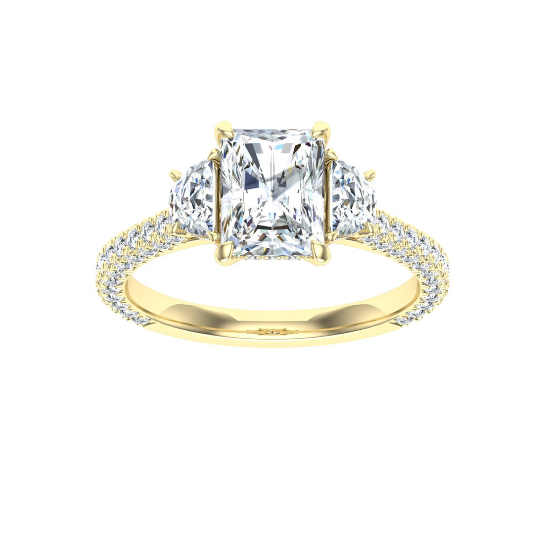 Waterlily Radiant 3 Stone Moissanite Engagement Ring Yellow Gold