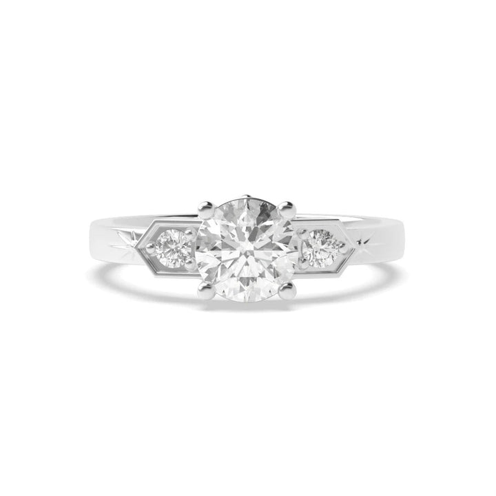  Whisper 4 Prong Round Lab Grown Diamond Unique Three Stone Engagement Ring
