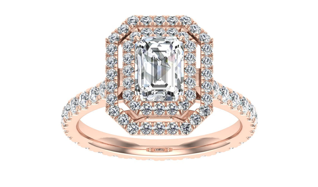 Wilderness Emerald Cut Double Halo Moissanite Engagement Ring Rose Gold