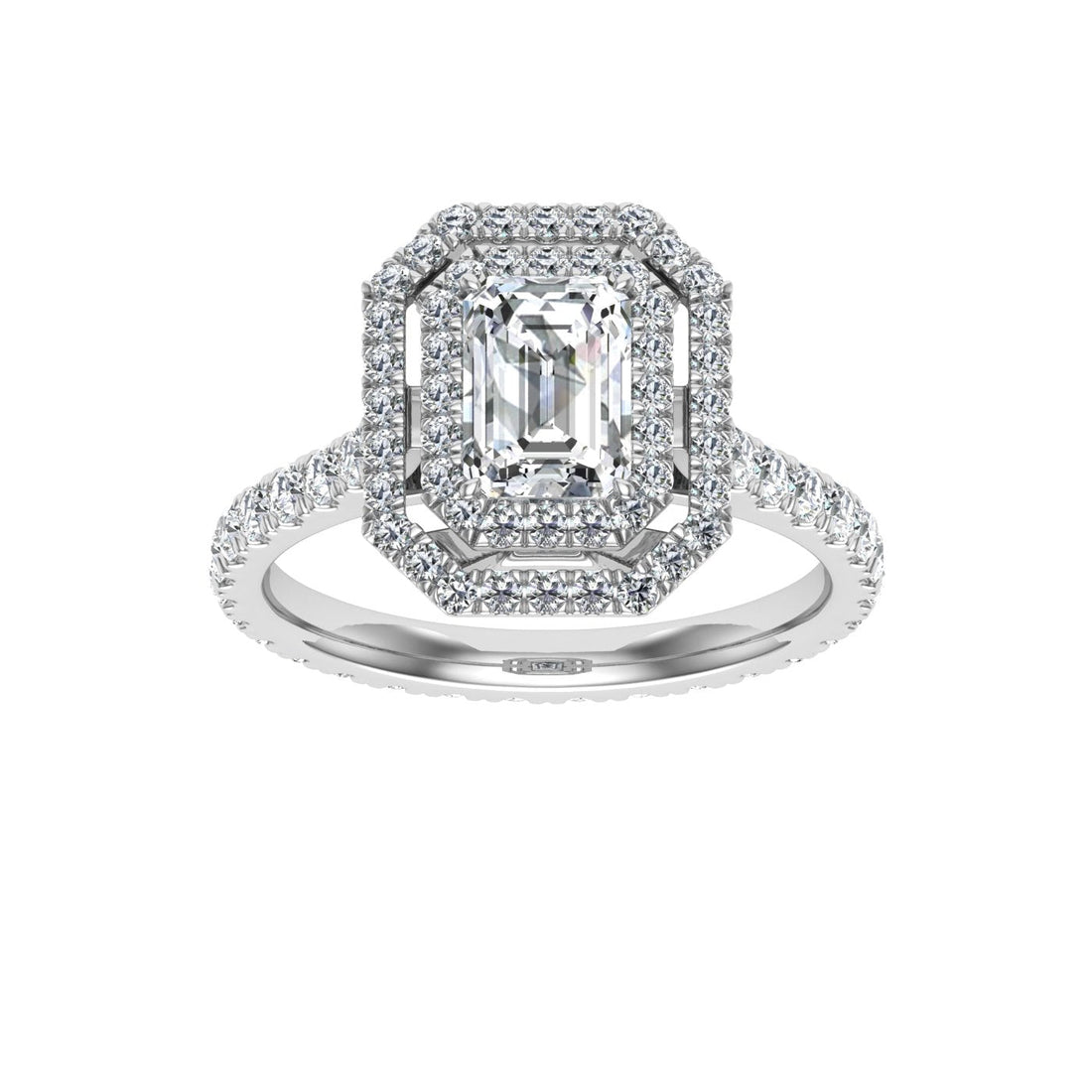 Wilderness Emerald Cut Double Halo Moissanite Engagement Ring White Gold